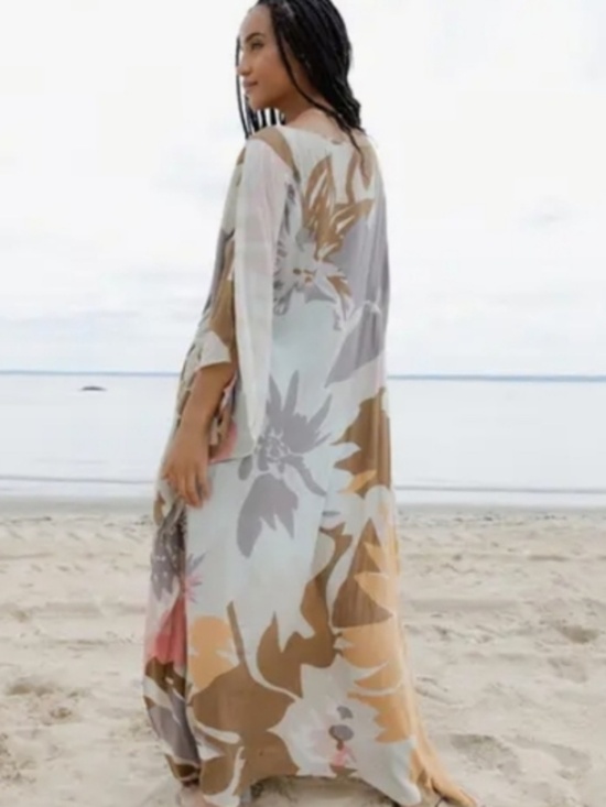 SAACHI Dresses & Skirts - Saachi Floral Rayon Crepe Kaftan - Gray/ multi-colored - ONE SIZE - NEW